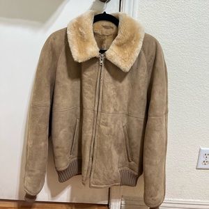 Sawyer II Suede Leather and Wool Shearling Camel Bomber Zip Jacket Size 44